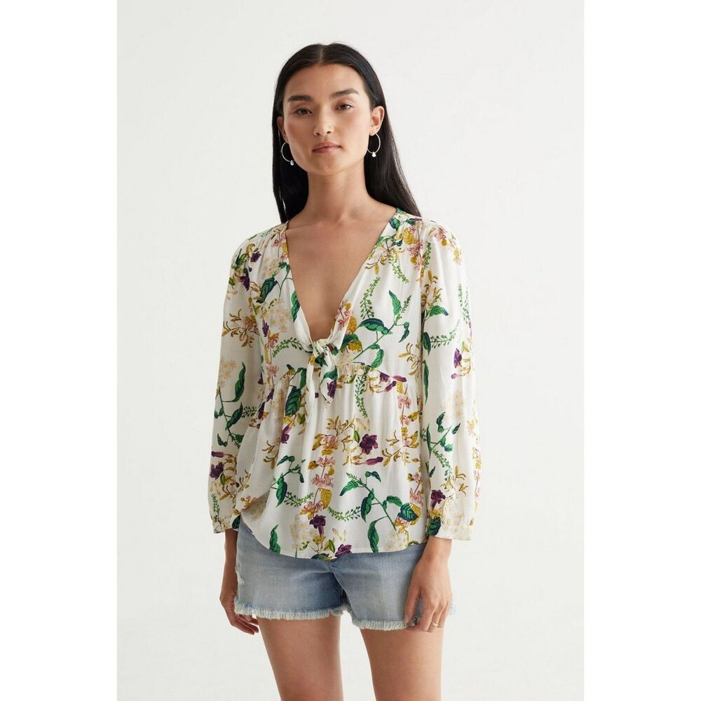 Lucky Brand Malia Peasant Top Long 3/4 Sleeve Floral V Neck Tie Boho Blouse Sm